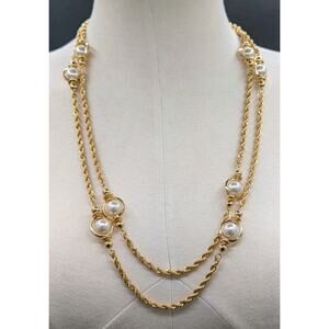 Rope Chain Gold Tone Faux Pearl Extra Long 59" Necklace